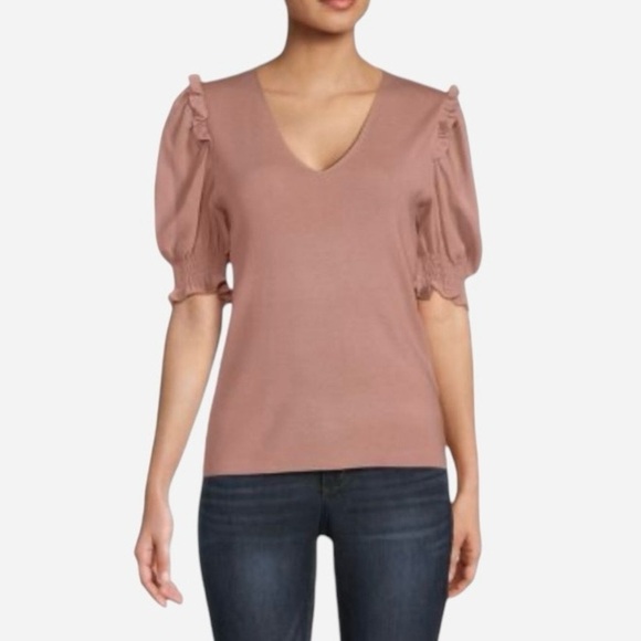 Sioni Milano Mixed Media Ruffle Sleeve Blouse L Soft Knit Heather Salmon NEW - Picture 1 of 12
